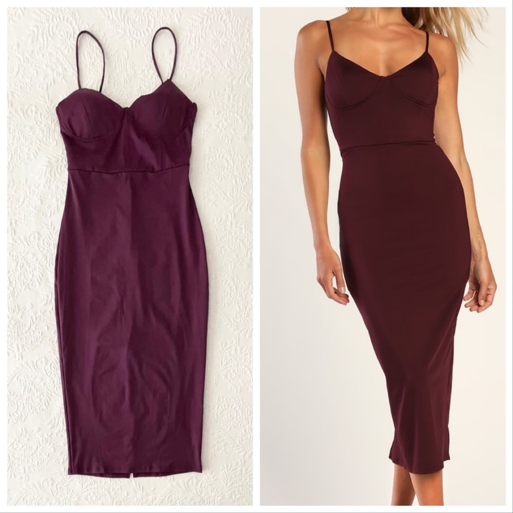 Lulus Sophisticated Soiree Plum Purple Bustier Midi Bodycon Dress Large